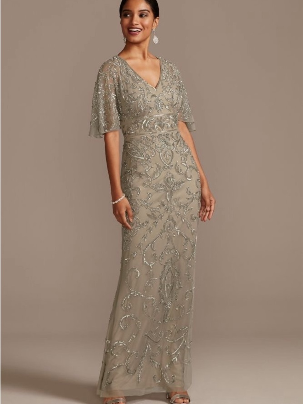 Adrianna Papell Taupe Beaded V-Neck Maxi Gown